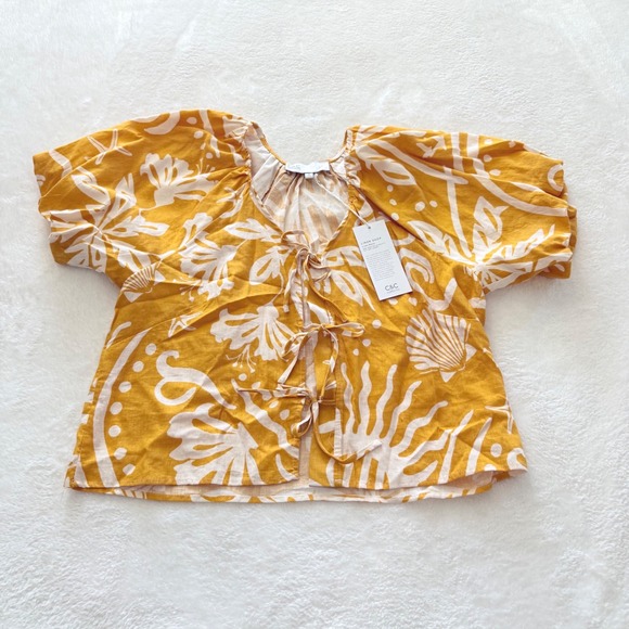 C & C California Tops - C&C California Linen Bld Tropical Tie Front Blouse Puff Sleeve Yellow Small NWT‎